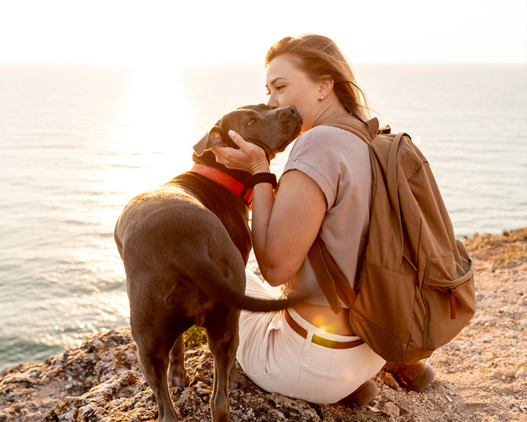 Imagebild: Urlaub mit Hund. Dame kuschelt am Strand mit Ihrem Hund